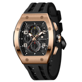 The TSAR BOMBA Elemental TB8224Q stainless steel tonneau quartz watch.Golden bezel and black strap.  The Multifunction dial design, the multifunction dial features a chronograph minute sub-dial at the 12 o'clock position, a date display between the 4 and 5 o'clock positions, a seconds sub-dial at the 6 o'clock position, and an hour chronograph sub-dial at the 9 o'clock position. --Left-three-quarter-view