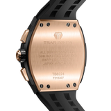 The TSAR BOMBA Elemental TB8224Q stainless steel tonneau quartz watch.Golden bezel and black strap.  The Multifunction dial design, the multifunction dial features a chronograph minute sub-dial at the 12 o'clock position, a date display between the 4 and 5 o'clock positions, a seconds sub-dial at the 6 o'clock position, and an hour chronograph sub-dial at the 9 o'clock position. --Rear view