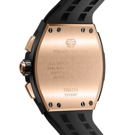The TSAR BOMBA Elemental TB8224Q stainless steel tonneau quartz watch.Golden bezel and black strap.  The Multifunction dial design, the multifunction dial features a chronograph minute sub-dial at the 12 o'clock position, a date display between the 4 and 5 o'clock positions, a seconds sub-dial at the 6 o'clock position, and an hour chronograph sub-dial at the 9 o'clock position. --Rear view