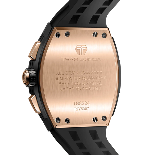 The TSAR BOMBA Elemental TB8224Q stainless steel tonneau quartz watch.Golden bezel and black strap.  The Multifunction dial design, the multifunction dial features a chronograph minute sub-dial at the 12 o'clock position, a date display between the 4 and 5 o'clock positions, a seconds sub-dial at the 6 o'clock position, and an hour chronograph sub-dial at the 9 o'clock position. --Rear view