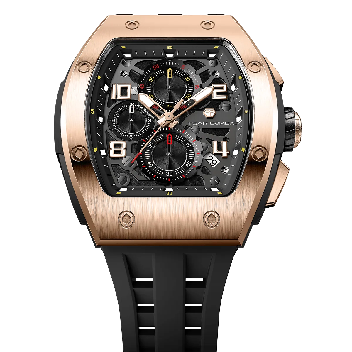 The TSAR BOMBA Elemental TB8224Q stainless steel tonneau quartz watch.Golden bezel and black strap.  The Multifunction dial design, the multifunction dial features a chronograph minute sub-dial at the 12 o'clock position, a date display between the 4 and 5 o'clock positions, a seconds sub-dial at the 6 o'clock position, and an hour chronograph sub-dial at the 9 o'clock position. --Top-down-view
