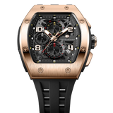 The TSAR BOMBA Elemental TB8224Q stainless steel tonneau quartz watch.Golden bezel and black strap.  The Multifunction dial design, the multifunction dial features a chronograph minute sub-dial at the 12 o'clock position, a date display between the 4 and 5 o'clock positions, a seconds sub-dial at the 6 o'clock position, and an hour chronograph sub-dial at the 9 o'clock position. --Top-down-view