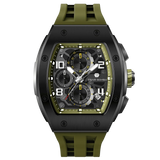 The TSAR BOMBA Elemental TB8224Q stainless steel tonneau quartz watch.silver bezel and Olive Green strap.  The Multifunction dial design, the multifunction dial features a chronograph minute sub-dial at the 12 o'clock position, a date display between the 4 and 5 o'clock positions, a seconds sub-dial at the 6 o'clock position, and an hour chronograph sub-dial at the 9 o'clock position. --Front-view