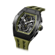The TSAR BOMBA Elemental TB8224Q stainless steel tonneau quartz watch.silver bezel and Olive Green strap.  The Multifunction dial design, the multifunction dial features a chronograph minute sub-dial at the 12 o'clock position, a date display between the 4 and 5 o'clock positions, a seconds sub-dial at the 6 o'clock position, and an hour chronograph sub-dial at the 9 o'clock position. --Left three-quarter-angled-view
