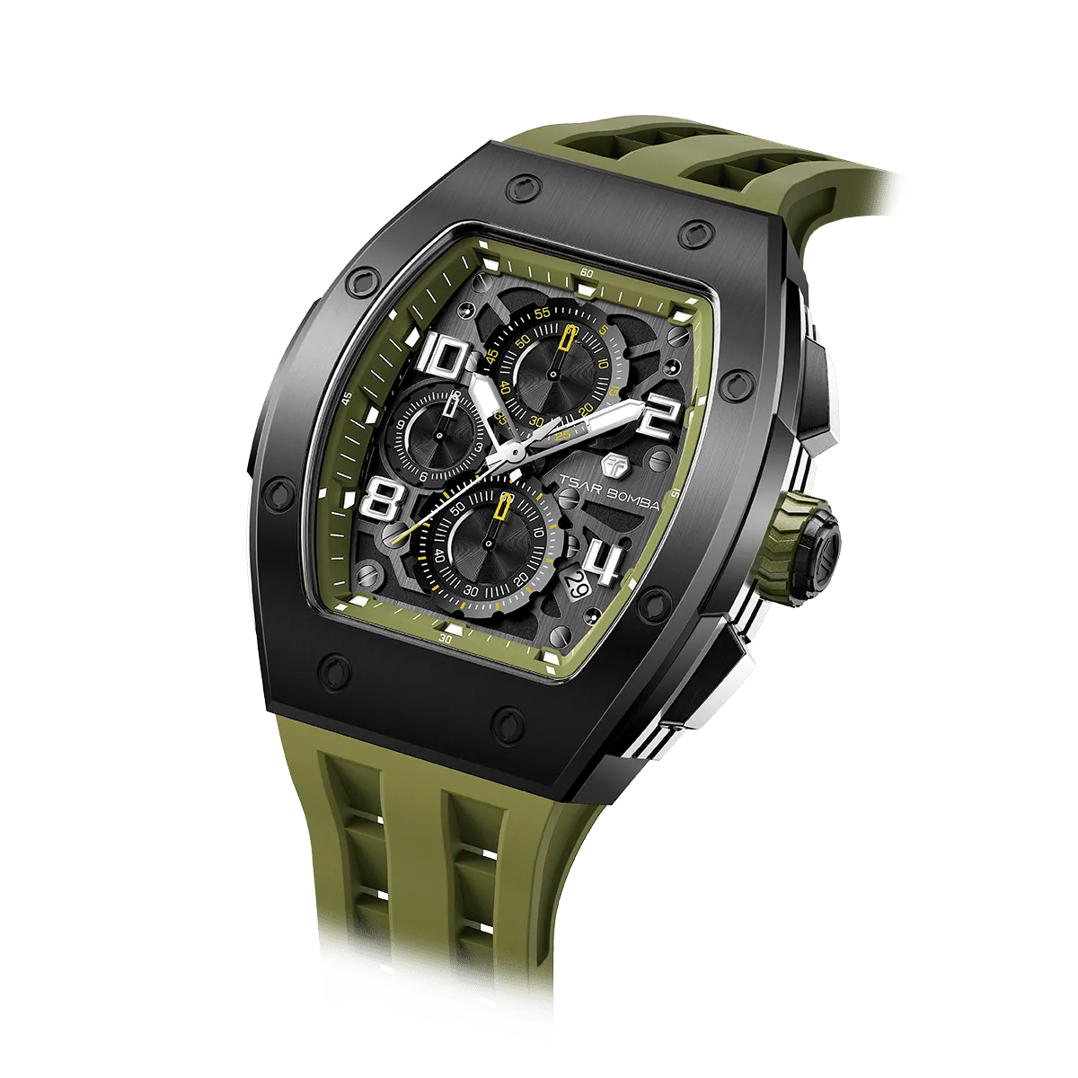 The TSAR BOMBA Elemental TB8224Q stainless steel tonneau quartz watch.silver bezel and Olive Green strap.  The Multifunction dial design, the multifunction dial features a chronograph minute sub-dial at the 12 o'clock position, a date display between the 4 and 5 o'clock positions, a seconds sub-dial at the 6 o'clock position, and an hour chronograph sub-dial at the 9 o'clock position. --Left three-quarter-angled-view