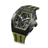 The TSAR BOMBA Elemental TB8224Q stainless steel tonneau quartz watch.silver bezel and Olive Green strap.  The Multifunction dial design, the multifunction dial features a chronograph minute sub-dial at the 12 o'clock position, a date display between the 4 and 5 o'clock positions, a seconds sub-dial at the 6 o'clock position, and an hour chronograph sub-dial at the 9 o'clock position. --Left three-quarter-angled-view