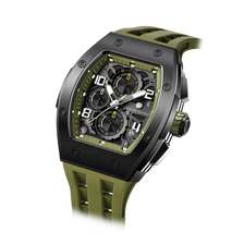 The TSAR BOMBA Elemental TB8224Q stainless steel tonneau quartz watch.silver bezel and Olive Green strap.  The Multifunction dial design, the multifunction dial features a chronograph minute sub-dial at the 12 o'clock position, a date display between the 4 and 5 o'clock positions, a seconds sub-dial at the 6 o'clock position, and an hour chronograph sub-dial at the 9 o'clock position. --Left three-quarter-angled-view