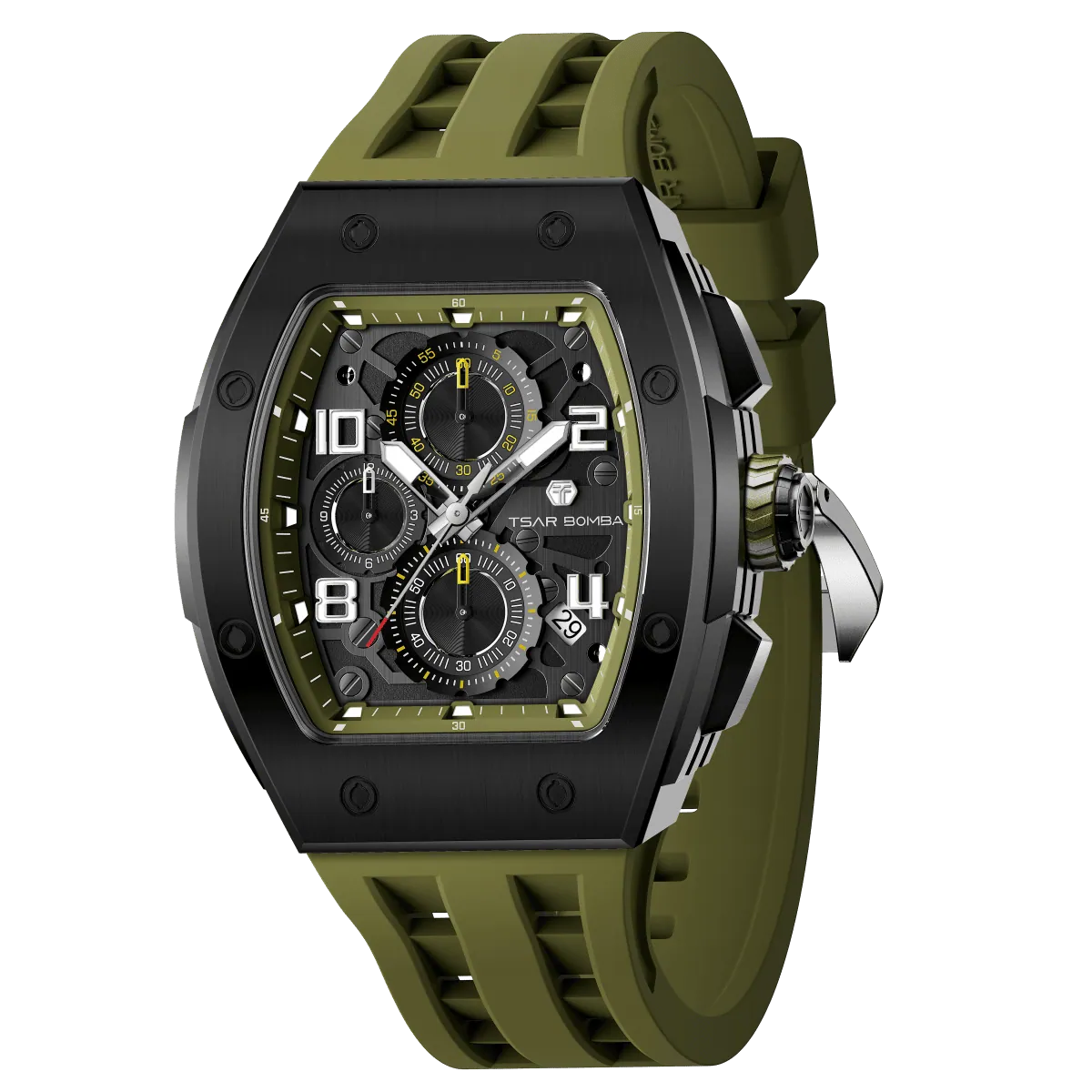 The TSAR BOMBA Elemental TB8224Q stainless steel tonneau quartz watch.silver bezel and Olive Green strap.  The Multifunction dial design, the multifunction dial features a chronograph minute sub-dial at the 12 o'clock position, a date display between the 4 and 5 o'clock positions, a seconds sub-dial at the 6 o'clock position, and an hour chronograph sub-dial at the 9 o'clock position. --Left three-quarter-view