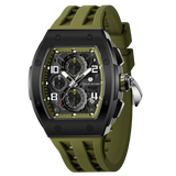 The TSAR BOMBA Elemental TB8224Q stainless steel tonneau quartz watch.silver bezel and Olive Green strap.  The Multifunction dial design, the multifunction dial features a chronograph minute sub-dial at the 12 o'clock position, a date display between the 4 and 5 o'clock positions, a seconds sub-dial at the 6 o'clock position, and an hour chronograph sub-dial at the 9 o'clock position. --Left three-quarter-view