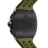 The TSAR BOMBA Elemental TB8224Q stainless steel tonneau quartz watch.silver bezel and Olive Green strap.  The Multifunction dial design, the multifunction dial features a chronograph minute sub-dial at the 12 o'clock position, a date display between the 4 and 5 o'clock positions, a seconds sub-dial at the 6 o'clock position, and an hour chronograph sub-dial at the 9 o'clock position. --Rear-view