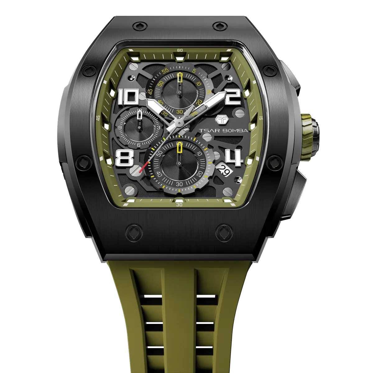 The TSAR BOMBA Elemental TB8224Q stainless steel tonneau quartz watch.silver bezel and Olive Green strap.  The Multifunction dial design, the multifunction dial features a chronograph minute sub-dial at the 12 o'clock position, a date display between the 4 and 5 o'clock positions, a seconds sub-dial at the 6 o'clock position, and an hour chronograph sub-dial at the 9 o'clock position. --Top-down-view