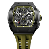 The TSAR BOMBA Elemental TB8224Q stainless steel tonneau quartz watch.silver bezel and Olive Green strap.  The Multifunction dial design, the multifunction dial features a chronograph minute sub-dial at the 12 o'clock position, a date display between the 4 and 5 o'clock positions, a seconds sub-dial at the 6 o'clock position, and an hour chronograph sub-dial at the 9 o'clock position. --Top-down-view