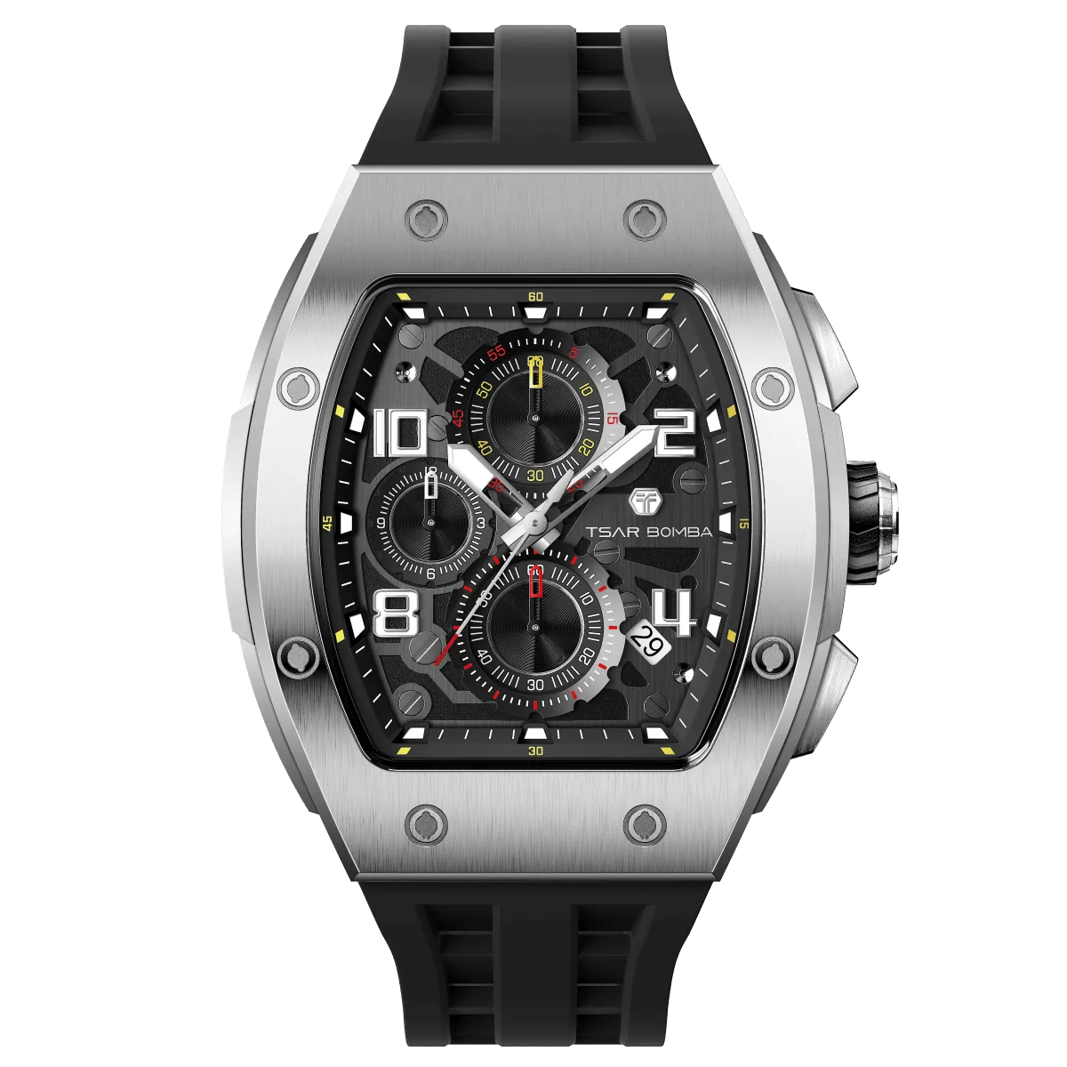 The TSAR BOMBA Elemental TB8224Q stainless steel tonneau quartz watch.silver bezel and black strap.  The Multifunction dial design, the multifunction dial features a chronograph minute sub-dial at the 12 o'clock position, a date display between the 4 and 5 o'clock positions, a seconds sub-dial at the 6 o'clock position, and an hour chronograph sub-dial at the 9 o'clock position. --Front view
