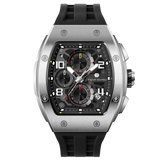 The TSAR BOMBA Elemental TB8224Q stainless steel tonneau quartz watch.silver bezel and black strap.  The Multifunction dial design, the multifunction dial features a chronograph minute sub-dial at the 12 o'clock position, a date display between the 4 and 5 o'clock positions, a seconds sub-dial at the 6 o'clock position, and an hour chronograph sub-dial at the 9 o'clock position. --Front view
