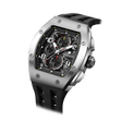 The TSAR BOMBA Elemental TB8224Q stainless steel tonneau quartz watch.silver bezel and black strap.  The Multifunction dial design, the multifunction dial features a chronograph minute sub-dial at the 12 o'clock position, a date display between the 4 and 5 o'clock positions, a seconds sub-dial at the 6 o'clock position, and an hour chronograph sub-dial at the 9 o'clock position. --Left three-quarter angled view