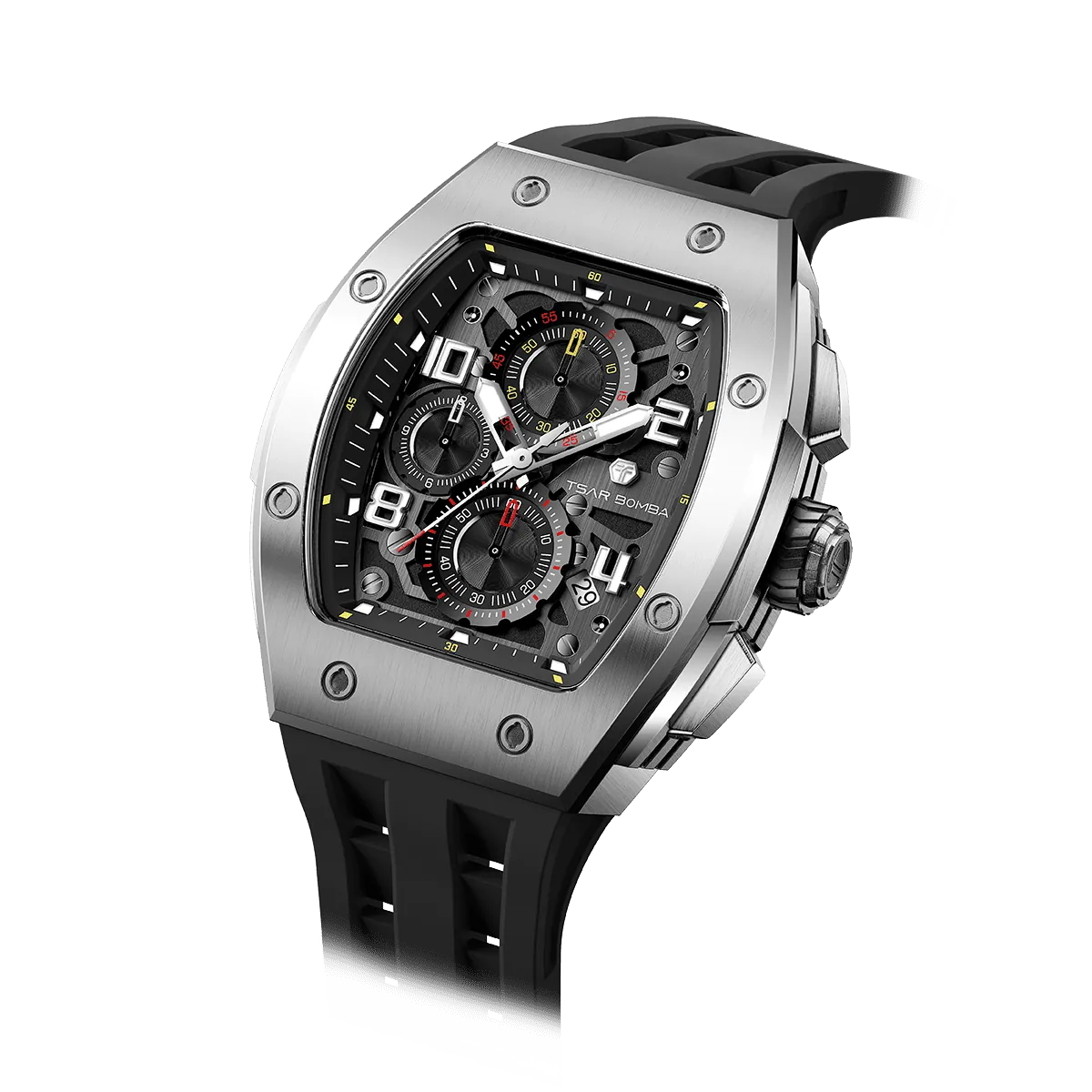 The TSAR BOMBA Elemental TB8224Q stainless steel tonneau quartz watch.silver bezel and black strap.  The Multifunction dial design, the multifunction dial features a chronograph minute sub-dial at the 12 o'clock position, a date display between the 4 and 5 o'clock positions, a seconds sub-dial at the 6 o'clock position, and an hour chronograph sub-dial at the 9 o'clock position. --Left three-quarter angled view