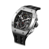 The TSAR BOMBA Elemental TB8224Q stainless steel tonneau quartz watch.silver bezel and black strap.  The Multifunction dial design, the multifunction dial features a chronograph minute sub-dial at the 12 o'clock position, a date display between the 4 and 5 o'clock positions, a seconds sub-dial at the 6 o'clock position, and an hour chronograph sub-dial at the 9 o'clock position. --Left three-quarter angled view