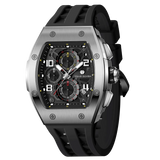 The TSAR BOMBA Elemental TB8224Q stainless steel tonneau quartz watch.silver bezel and black strap.  The Multifunction dial design, the multifunction dial features a chronograph minute sub-dial at the 12 o'clock position, a date display between the 4 and 5 o'clock positions, a seconds sub-dial at the 6 o'clock position, and an hour chronograph sub-dial at the 9 o'clock position. --Left three-quarter view