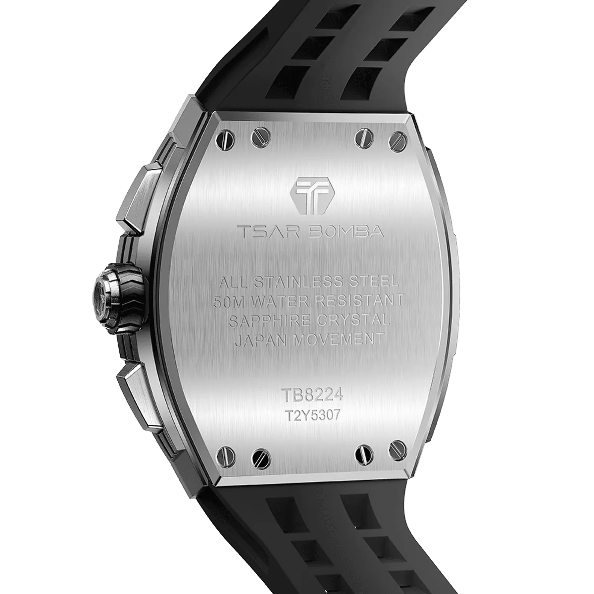 The TSAR BOMBA Elemental TB8224Q stainless steel tonneau quartz watch.silver bezel and black strap.  The Multifunction dial design, the multifunction dial features a chronograph minute sub-dial at the 12 o'clock position, a date display between the 4 and 5 o'clock positions, a seconds sub-dial at the 6 o'clock position, and an hour chronograph sub-dial at the 9 o'clock position. --Rear view
