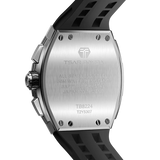 The TSAR BOMBA Elemental TB8224Q stainless steel tonneau quartz watch.silver bezel and black strap.  The Multifunction dial design, the multifunction dial features a chronograph minute sub-dial at the 12 o'clock position, a date display between the 4 and 5 o'clock positions, a seconds sub-dial at the 6 o'clock position, and an hour chronograph sub-dial at the 9 o'clock position. --Rear view
