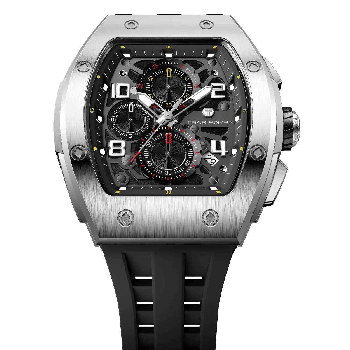 The TSAR BOMBA Elemental TB8224Q stainless steel tonneau quartz watch.silver bezel and black strap.  The Multifunction dial design, the multifunction dial features a chronograph minute sub-dial at the 12 o'clock position, a date display between the 4 and 5 o'clock positions, a seconds sub-dial at the 6 o'clock position, and an hour chronograph sub-dial at the 9 o'clock position. --Top-down view
