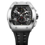 The TSAR BOMBA Elemental TB8224Q stainless steel tonneau quartz watch.silver bezel and black strap.  The Multifunction dial design, the multifunction dial features a chronograph minute sub-dial at the 12 o'clock position, a date display between the 4 and 5 o'clock positions, a seconds sub-dial at the 6 o'clock position, and an hour chronograph sub-dial at the 9 o'clock position. --Top-down view
