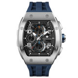 The TSAR BOMBA Elemental TB8224Q stainless steel tonneau quartz watch.silver bezel and blue strap.  The Multifunction dial design, the multifunction dial features a chronograph minute sub-dial at the 12 o'clock position, a date display between the 4 and 5 o'clock positions, a seconds sub-dial at the 6 o'clock position, and an hour chronograph sub-dial at the 9 o'clock position. --Front view