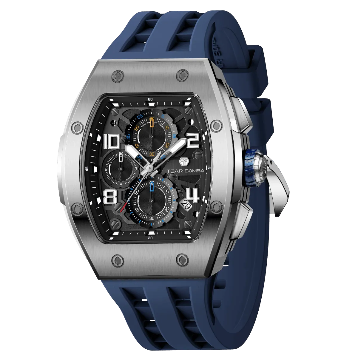 The TSAR BOMBA Elemental TB8224Q stainless steel tonneau quartz watch.silver bezel and blue strap.  The Multifunction dial design, the multifunction dial features a chronograph minute sub-dial at the 12 o'clock position, a date display between the 4 and 5 o'clock positions, a seconds sub-dial at the 6 o'clock position, and an hour chronograph sub-dial at the 9 o'clock position. --Left three-quarter view