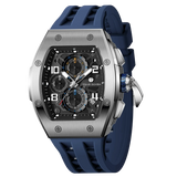 The TSAR BOMBA Elemental TB8224Q stainless steel tonneau quartz watch.silver bezel and blue strap.  The Multifunction dial design, the multifunction dial features a chronograph minute sub-dial at the 12 o'clock position, a date display between the 4 and 5 o'clock positions, a seconds sub-dial at the 6 o'clock position, and an hour chronograph sub-dial at the 9 o'clock position. --Left three-quarter view