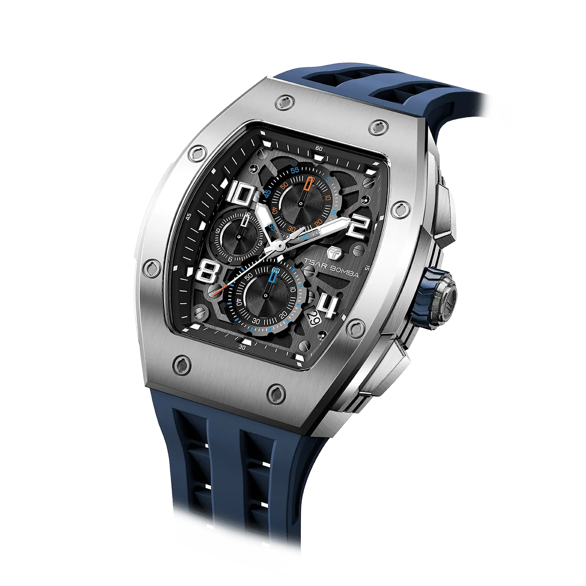 The TSAR BOMBA Elemental TB8224Q stainless steel tonneau quartz watch.silver bezel and blue strap.  The Multifunction dial design, the multifunction dial features a chronograph minute sub-dial at the 12 o'clock position, a date display between the 4 and 5 o'clock positions, a seconds sub-dial at the 6 o'clock position, and an hour chronograph sub-dial at the 9 o'clock position. --Left three-quarter angled view