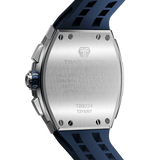The TSAR BOMBA Elemental TB8224Q stainless steel tonneau quartz watch.silver bezel and blue strap.  The Multifunction dial design, the multifunction dial features a chronograph minute sub-dial at the 12 o'clock position, a date display between the 4 and 5 o'clock positions, a seconds sub-dial at the 6 o'clock position, and an hour chronograph sub-dial at the 9 o'clock position. --Rear view