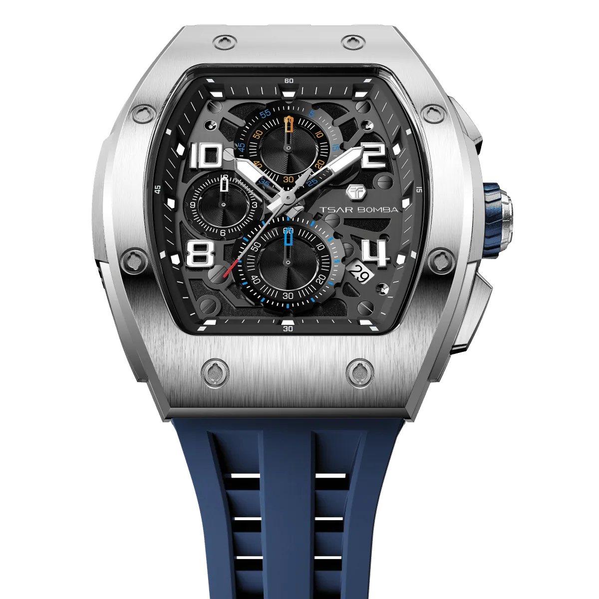The TSAR BOMBA Elemental TB8224Q stainless steel tonneau quartz watch.silver bezel and blue strap.  The Multifunction dial design, the multifunction dial features a chronograph minute sub-dial at the 12 o'clock position, a date display between the 4 and 5 o'clock positions, a seconds sub-dial at the 6 o'clock position, and an hour chronograph sub-dial at the 9 o'clock position. --Top-down view