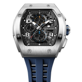The TSAR BOMBA Elemental TB8224Q stainless steel tonneau quartz watch.silver bezel and blue strap.  The Multifunction dial design, the multifunction dial features a chronograph minute sub-dial at the 12 o'clock position, a date display between the 4 and 5 o'clock positions, a seconds sub-dial at the 6 o'clock position, and an hour chronograph sub-dial at the 9 o'clock position. --Top-down view