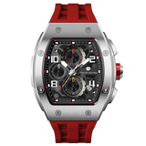 The TSAR BOMBA Elemental TB8224Q stainless steel tonneau quartz watch.silver bezel and red strap.  The Multifunction dial design, the multifunction dial features a chronograph minute sub-dial at the 12 o'clock position, a date display between the 4 and 5 o'clock positions, a seconds sub-dial at the 6 o'clock position, and an hour chronograph sub-dial at the 9 o'clock position. --Front-view