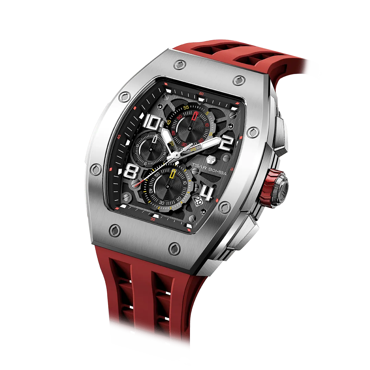 The TSAR BOMBA Elemental TB8224Q stainless steel tonneau quartz watch.silver bezel and red strap.  The Multifunction dial design, the multifunction dial features a chronograph minute sub-dial at the 12 o'clock position, a date display between the 4 and 5 o'clock positions, a seconds sub-dial at the 6 o'clock position, and an hour chronograph sub-dial at the 9 o'clock position. --Left three-quarter angled view