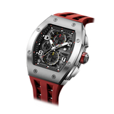 The TSAR BOMBA Elemental TB8224Q stainless steel tonneau quartz watch.silver bezel and red strap.  The Multifunction dial design, the multifunction dial features a chronograph minute sub-dial at the 12 o'clock position, a date display between the 4 and 5 o'clock positions, a seconds sub-dial at the 6 o'clock position, and an hour chronograph sub-dial at the 9 o'clock position. --Left three-quarter angled view