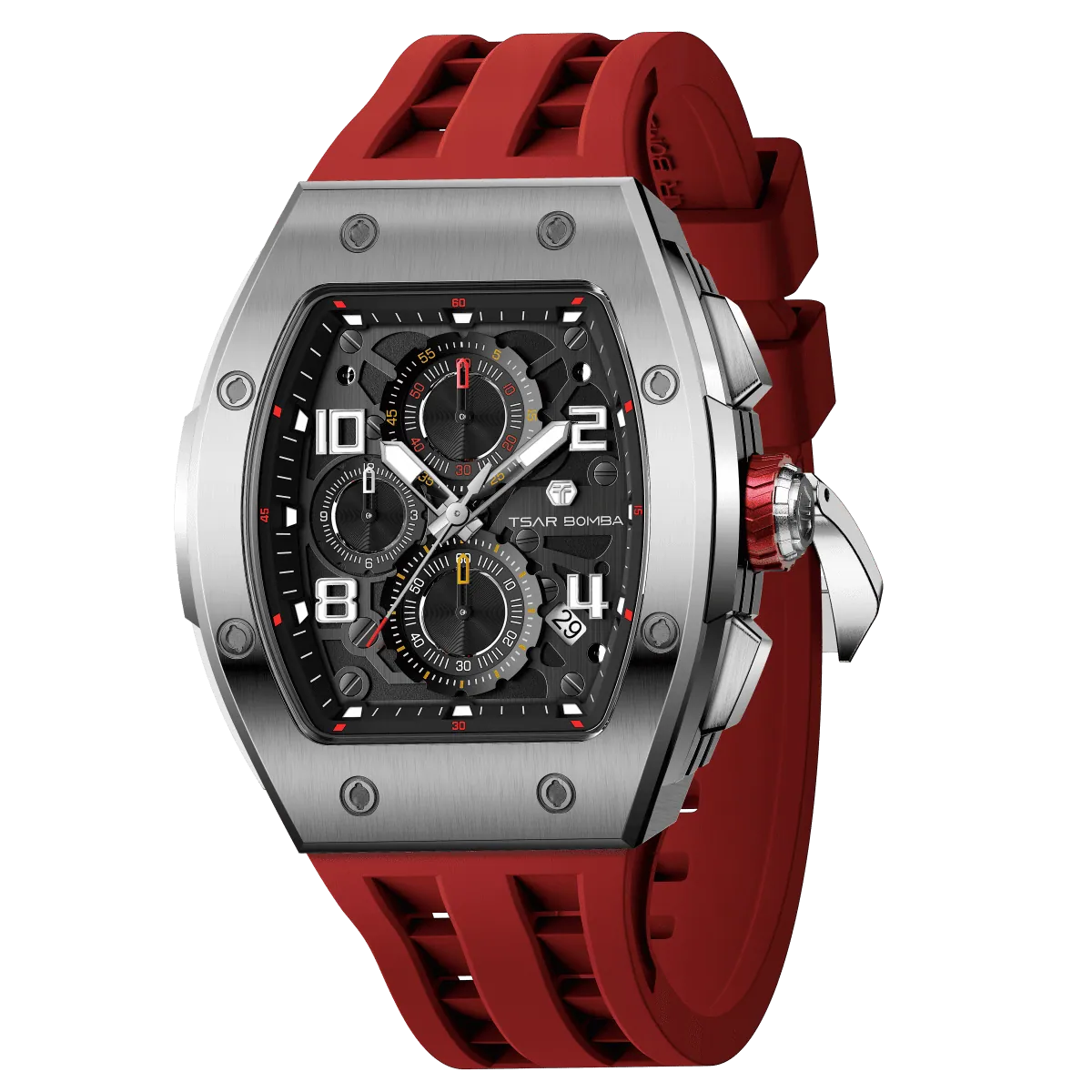 The TSAR BOMBA Elemental TB8224Q stainless steel tonneau quartz watch.silver bezel and red strap.  The Multifunction dial design, the multifunction dial features a chronograph minute sub-dial at the 12 o'clock position, a date display between the 4 and 5 o'clock positions, a seconds sub-dial at the 6 o'clock position, and an hour chronograph sub-dial at the 9 o'clock position. --Left three-quarter-view