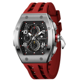 The TSAR BOMBA Elemental TB8224Q stainless steel tonneau quartz watch.silver bezel and red strap.  The Multifunction dial design, the multifunction dial features a chronograph minute sub-dial at the 12 o'clock position, a date display between the 4 and 5 o'clock positions, a seconds sub-dial at the 6 o'clock position, and an hour chronograph sub-dial at the 9 o'clock position. --Left three-quarter-view