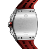 The TSAR BOMBA Elemental TB8224Q stainless steel tonneau quartz watch.silver bezel and red strap.  The Multifunction dial design, the multifunction dial features a chronograph minute sub-dial at the 12 o'clock position, a date display between the 4 and 5 o'clock positions, a seconds sub-dial at the 6 o'clock position, and an hour chronograph sub-dial at the 9 o'clock position. --Rear-view