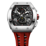The TSAR BOMBA Elemental TB8224Q stainless steel tonneau quartz watch.silver bezel and red strap.  The Multifunction dial design, the multifunction dial features a chronograph minute sub-dial at the 12 o'clock position, a date display between the 4 and 5 o'clock positions, a seconds sub-dial at the 6 o'clock position, and an hour chronograph sub-dial at the 9 o'clock position. --Top-down view