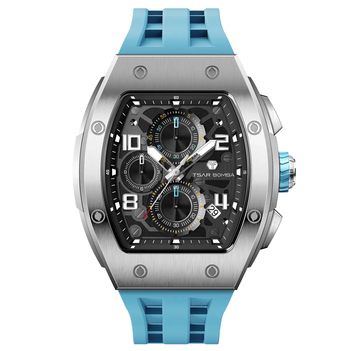 The TSAR BOMBA Elemental TB8224Q stainless steel tonneau quartz watch.silver bezel and sky blue strap.  The Multifunction dial design, the multifunction dial features a chronograph minute sub-dial at the 12 o'clock position, a date display between the 4 and 5 o'clock positions, a seconds sub-dial at the 6 o'clock position, and an hour chronograph sub-dial at the 9 o'clock position. --Front-view