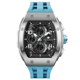 The TSAR BOMBA Elemental TB8224Q stainless steel tonneau quartz watch.silver bezel and sky blue strap.  The Multifunction dial design, the multifunction dial features a chronograph minute sub-dial at the 12 o'clock position, a date display between the 4 and 5 o'clock positions, a seconds sub-dial at the 6 o'clock position, and an hour chronograph sub-dial at the 9 o'clock position. --Front-view