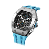 The TSAR BOMBA Elemental TB8224Q stainless steel tonneau quartz watch.silver bezel and sky blue strap.  The Multifunction dial design, the multifunction dial features a chronograph minute sub-dial at the 12 o'clock position, a date display between the 4 and 5 o'clock positions, a seconds sub-dial at the 6 o'clock position, and an hour chronograph sub-dial at the 9 o'clock position. --Left three-quarter-angled-view