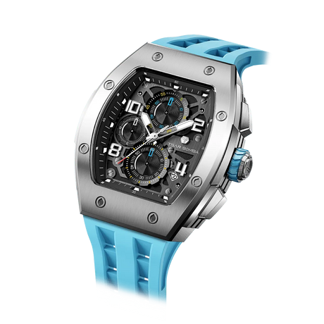 The TSAR BOMBA Elemental TB8224Q stainless steel tonneau quartz watch.silver bezel and sky blue strap.  The Multifunction dial design, the multifunction dial features a chronograph minute sub-dial at the 12 o'clock position, a date display between the 4 and 5 o'clock positions, a seconds sub-dial at the 6 o'clock position, and an hour chronograph sub-dial at the 9 o'clock position. --Left three-quarter-angled-view