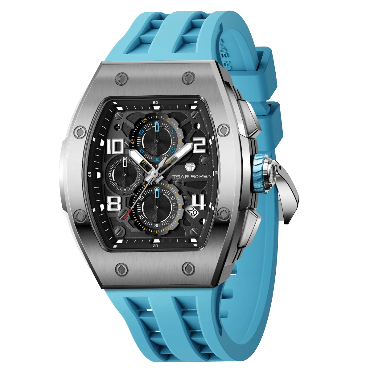 The TSAR BOMBA Elemental TB8224Q stainless steel tonneau quartz watch.silver bezel and sky blue strap.  The Multifunction dial design, the multifunction dial features a chronograph minute sub-dial at the 12 o'clock position, a date display between the 4 and 5 o'clock positions, a seconds sub-dial at the 6 o'clock position, and an hour chronograph sub-dial at the 9 o'clock position. --Left three-quarter-view