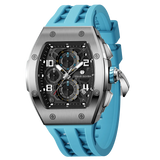 The TSAR BOMBA Elemental TB8224Q stainless steel tonneau quartz watch.silver bezel and sky blue strap.  The Multifunction dial design, the multifunction dial features a chronograph minute sub-dial at the 12 o'clock position, a date display between the 4 and 5 o'clock positions, a seconds sub-dial at the 6 o'clock position, and an hour chronograph sub-dial at the 9 o'clock position. --Left three-quarter-view