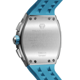 The TSAR BOMBA Elemental TB8224Q stainless steel tonneau quartz watch.silver bezel and sky blue strap.  The Multifunction dial design, the multifunction dial features a chronograph minute sub-dial at the 12 o'clock position, a date display between the 4 and 5 o'clock positions, a seconds sub-dial at the 6 o'clock position, and an hour chronograph sub-dial at the 9 o'clock position. --Rear-view