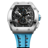 The TSAR BOMBA Elemental TB8224Q stainless steel tonneau quartz watch.silver bezel and sky blue strap.  The Multifunction dial design, the multifunction dial features a chronograph minute sub-dial at the 12 o'clock position, a date display between the 4 and 5 o'clock positions, a seconds sub-dial at the 6 o'clock position, and an hour chronograph sub-dial at the 9 o'clock position. --Top-down-view