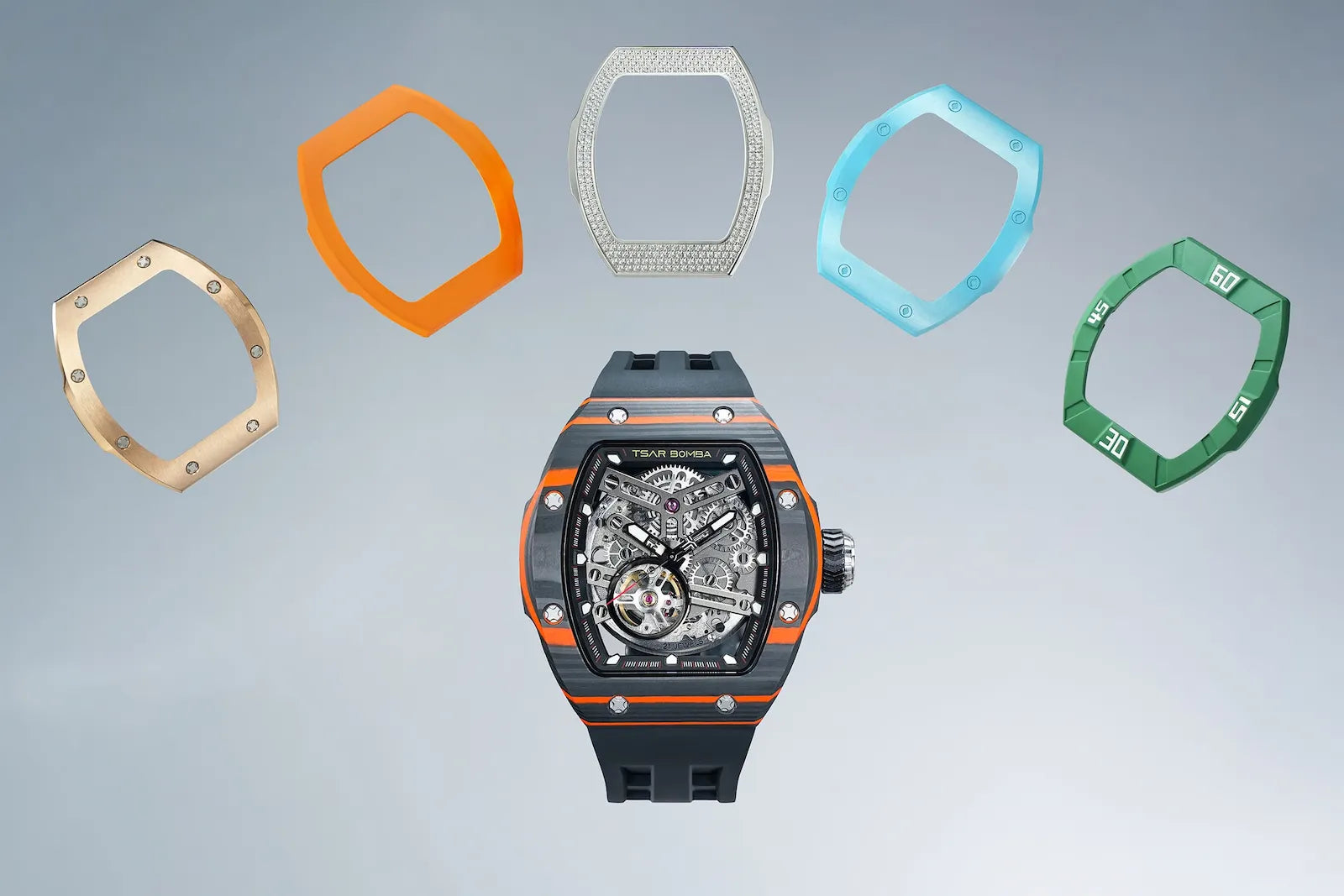 The TB8218 utilizes TSAR BOMBA’s patented technology for interchangeable straps, bezels, and crowns. Quickly swap modules without tools. From left to right: stainless steel, fluoro-rubber, zirconia diamond, ceramic, and dynamic fluoro-rubber/carbon fiber bezel options. Since your watch can change its style, why buy another one?