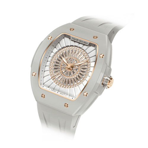 TSAR BOMBA Nucleus femme 03 Ceramic Ladies' Watch. Features a ceramic case and a ceramic dial set with a zirconia diamond. Powered by a Swiss Ronda quartz movement. Extremely lightweight (approximately 60 grams). Equipped with Grade A luminous coating, scratch-resistant sapphire crystal, and a replaceable fluoroelastomer strap. Water resistant to 50 meters (5 ATM). Ghost Grey theme.--Left three-quarter-angled-view
